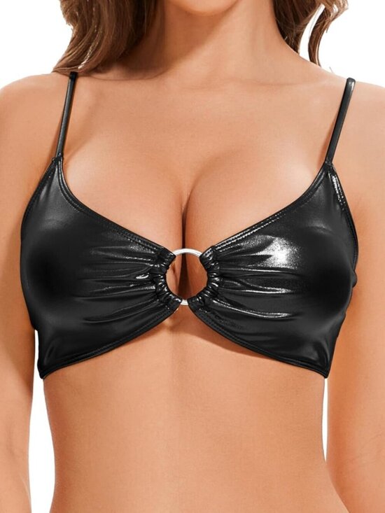 Other - Women's Black Shiny Bralette Rave Crop Top Metal Ring Metallic Bra Tops